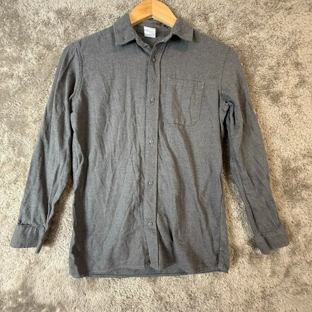 Gap Kids Boys Flannel Button Down Camp Shirt XL 12 Solid Gray Long Sleeve